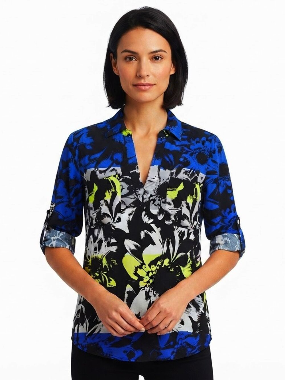Le Chateau Abstract Floral Lightweight Collared Top- Sm